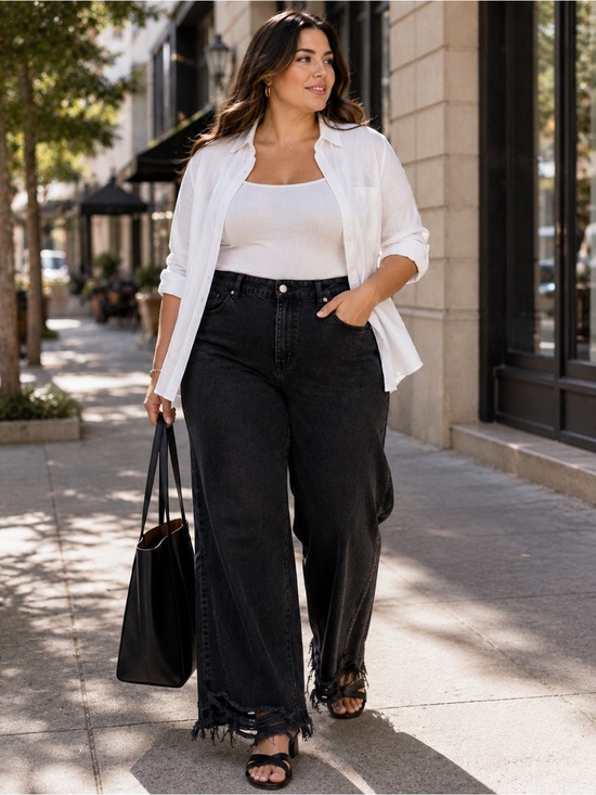DL1961 Denim - DL1961 Hepburn Wide Leg Jeans 32 High Rise 100% Cotton Black Denim Distressed